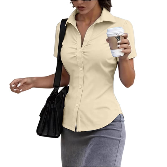 Women's Basic Button Down Shirts Short Sleeve Stretch Button Up Dress Shirt Slim Fit Waitress Work Shirts Navy L