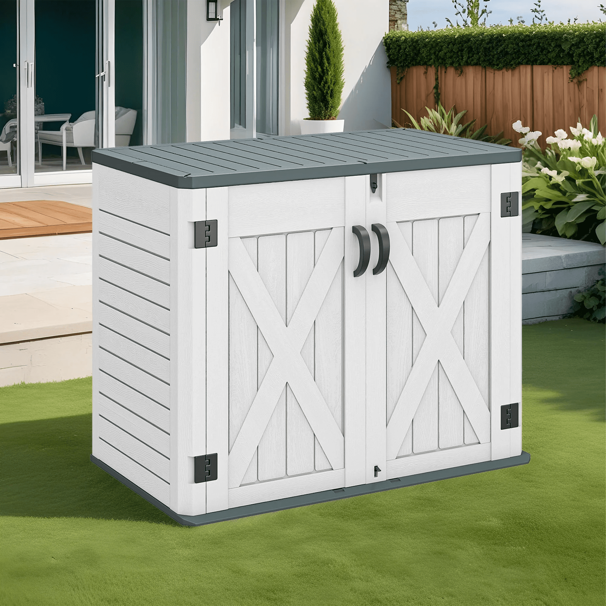 Uforic Outdoor Horizontal Storage Shed with X-Shaped Lockable Door, 35 Cu Ft Weather Resistant Resin Tool Shed, Light Gray