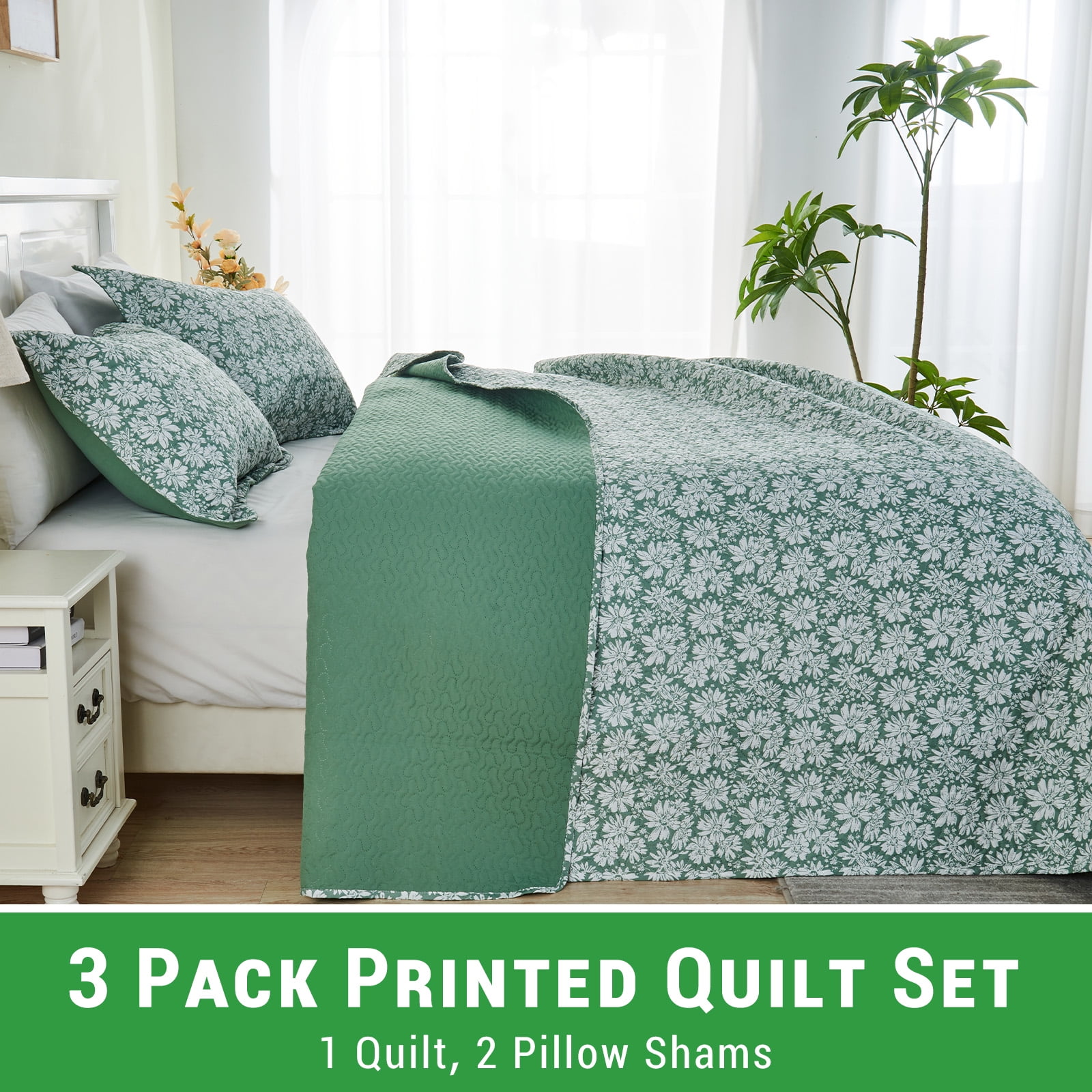 Gogreen Luxury Printed Quilt Set King Size, Lightweight Comforter Set, Oversized Bedspread Coverlet Quilted Bedding Set, with 2 Matching Pillowcases, for All Season