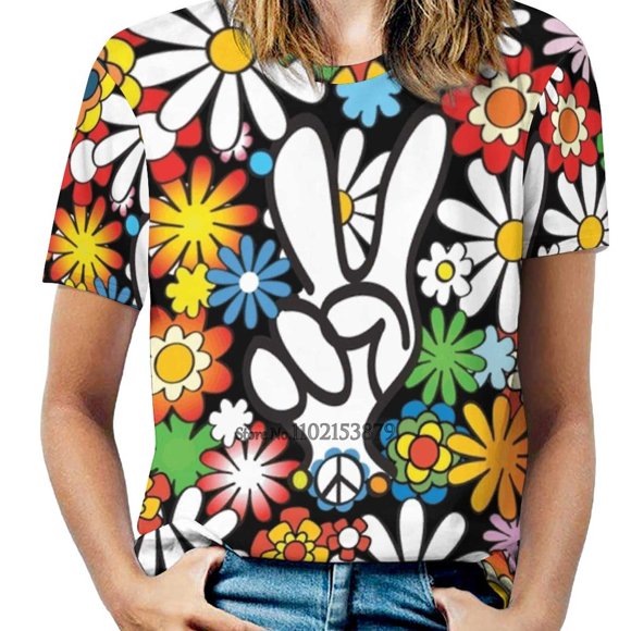 Flower Power & Peace Women'S Clothing V-Neck Tops Zipper Tee Ladies Casual Sexy T-Shirt Hippie Flowers Flower Power Peace