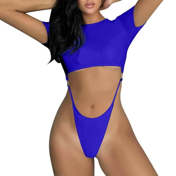 ylioge Womens Swimsuits Tankini With Short Sleeve Tops Thongs One-Piece Bathing Suits Ladies Trendy Solid Backless High-Cut Bikini Sets