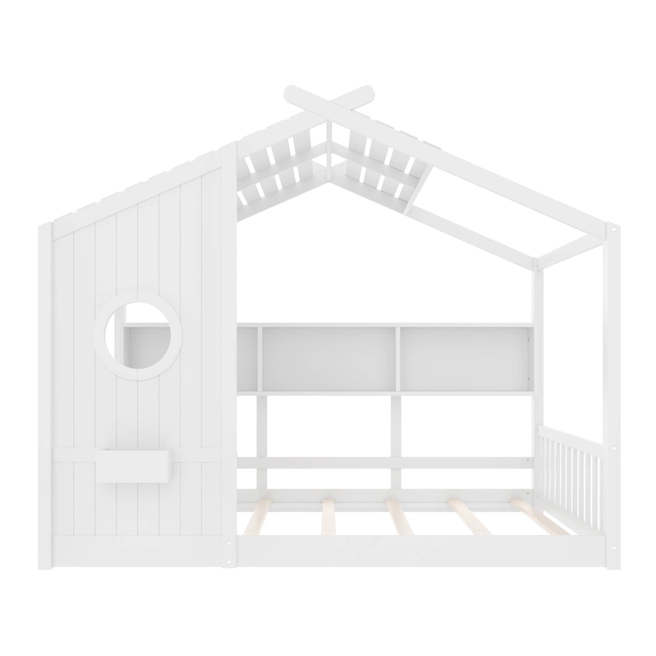 Noble House Full Size Floor House Bed for Toddlers,Playhouse Bed with Built-in Storage Shelf and Roof Design,White