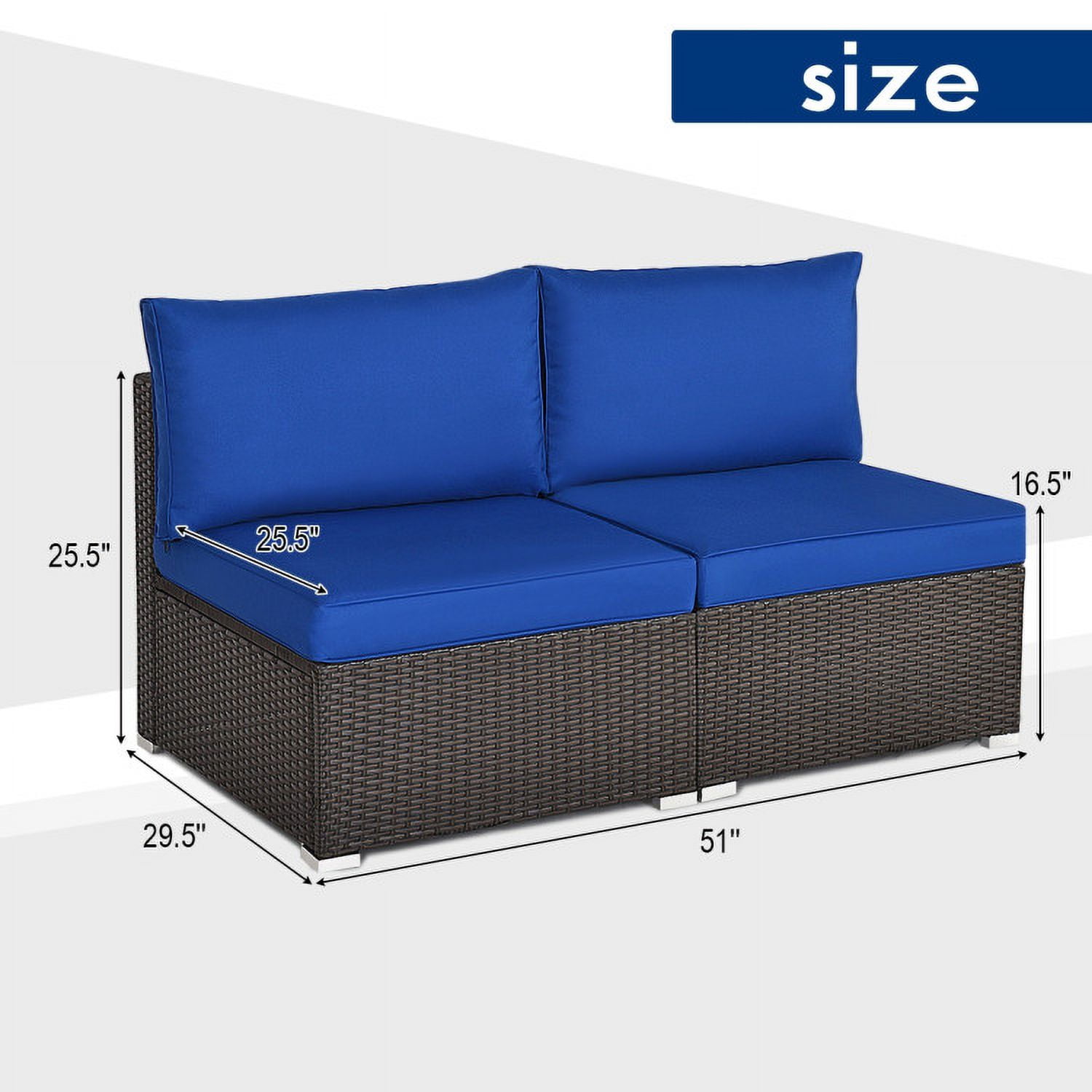 Aimee Lii 2 Pieces Patio Rattan Armless Sofa Set with 2 Cushions and 2 Pillows, Outdoor Patio Set, Navy