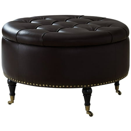 Landon Espresso PU Leather Storage Ottoman - Round - Tufted - Casters - Walmart.com