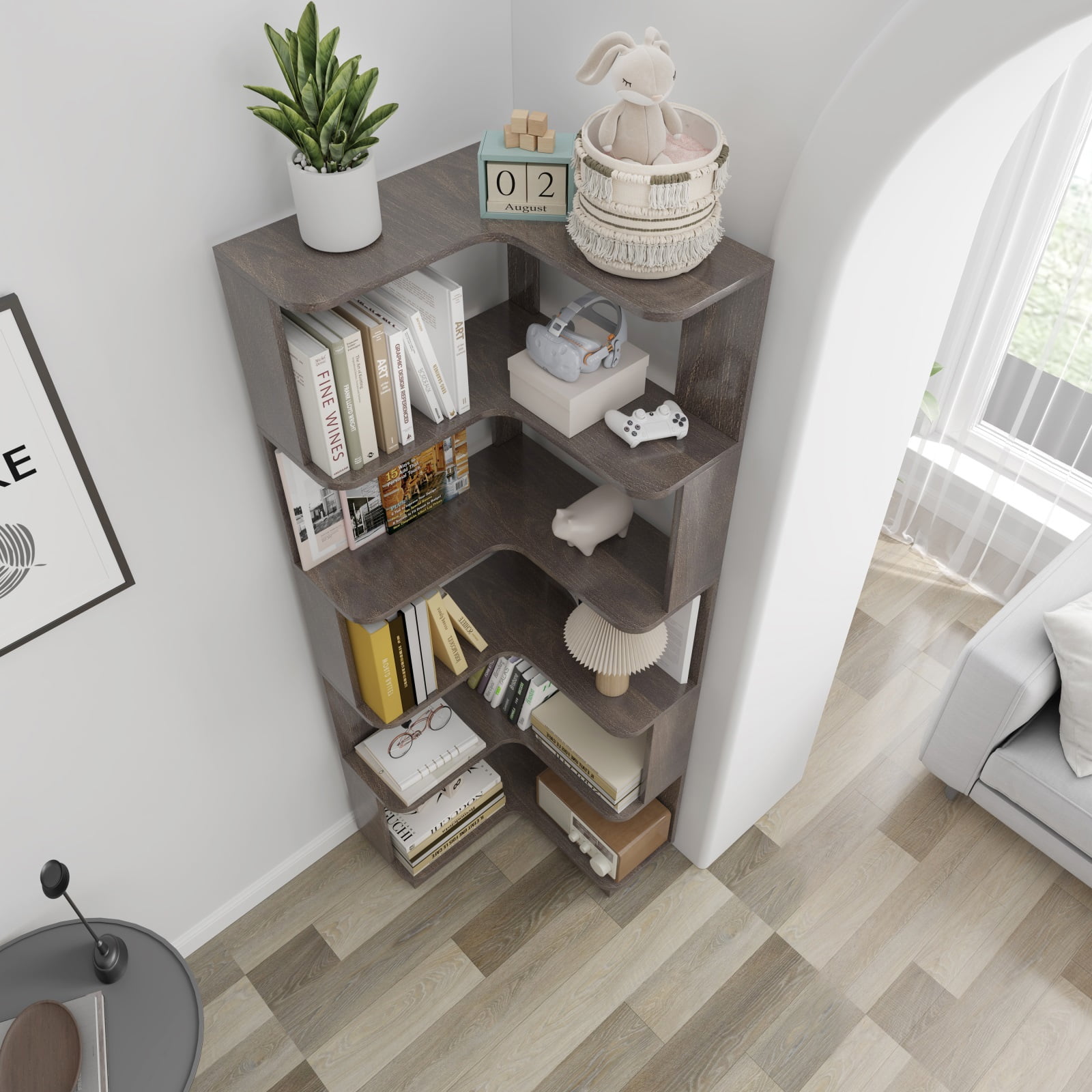 Hommoo 6-Tier Freestanding L-Shaped Corner Bookshelf Display Shelf, Wooden Bookcase Multifunctional Open Storage Rack Organizer, Dark Brown
