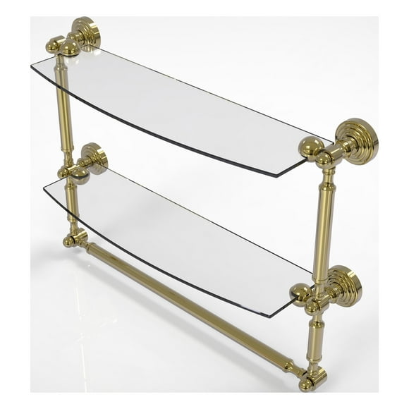 Waverly Place Collection Two Tiered Glass Shelf with Integrated Towel Bar - Unlacquered Brass / 18 Inch