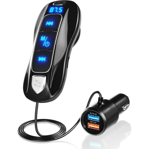 Bluetooth V5.0 FM Transmitter, Bluetooth Car Radio Transmitter Hands-Free Car Kit Dual USB Ports (QC3.0 + 5V/2.4A) with 1.1M Cable, A2DP Crystal Sound, Voltage Display