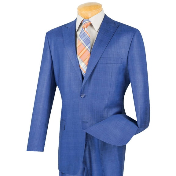 VINCI Men's Blue Glen Plaid 2-Button Classic-Fit Suit w/ Peak Lapel - NEW