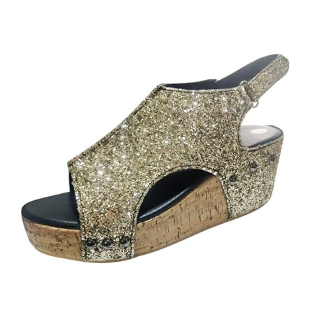 

Jsezml Wedge Sandals for Women Vintage Chunky Platform Sandal Open Toe Sparkly Sequins Ankle Strap Sandals with Arch Support