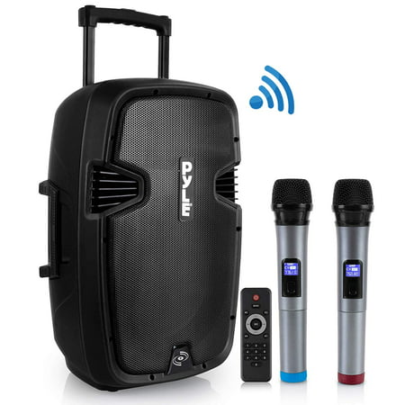 Karaoke Portable PA Speaker System - 1600W Active Powered Bluetooth Compatible Speaker, Rechargeable Battery, Easy Carry Wheels, USB MP3 RCA, FM Radio, 2 UHF Microphone, Remote - (Best Battery Powered Pa)