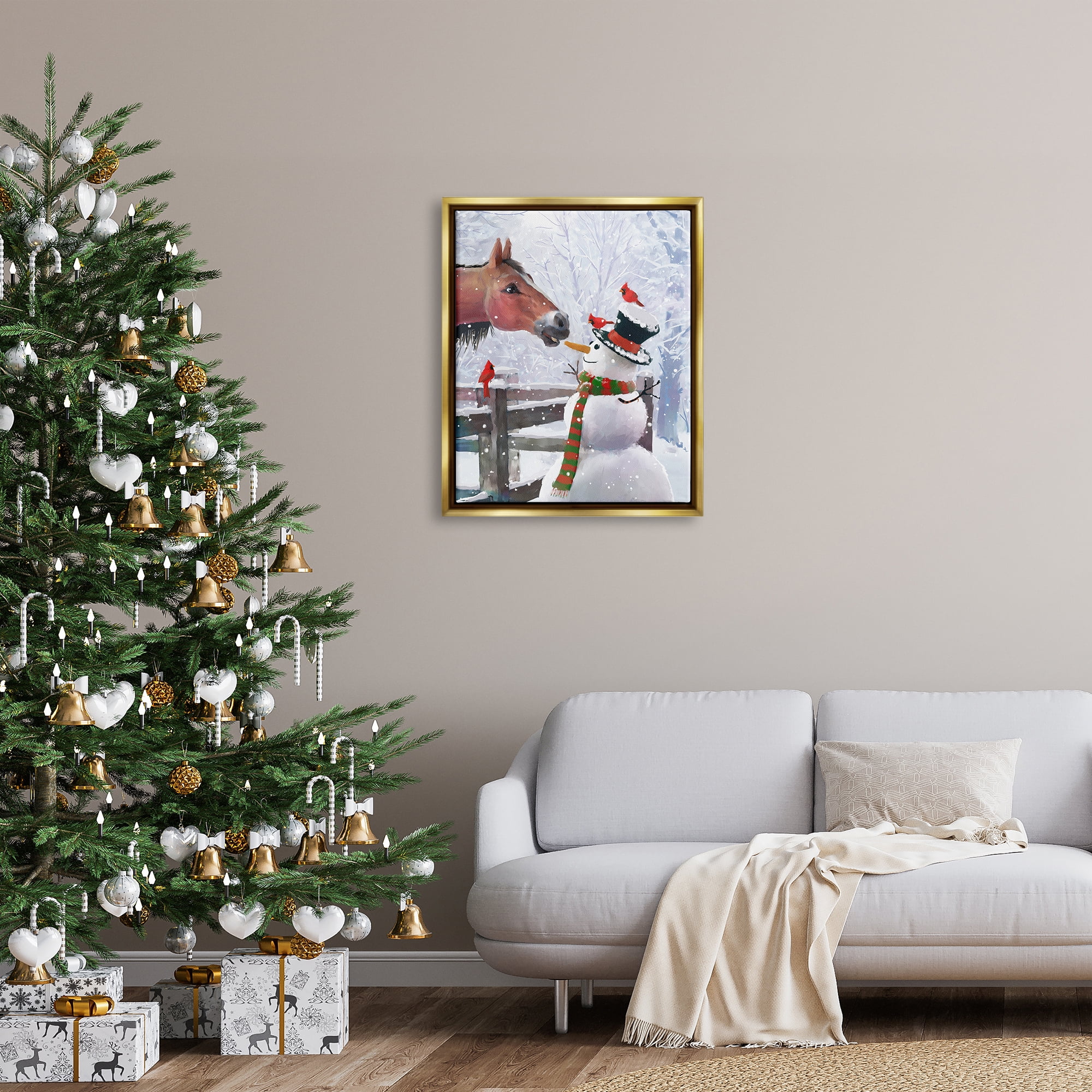 Stupell Industries Horse Eating Snowman Carrot Scene Holiday Painting Gold Floater Framed Art Print Wall Art