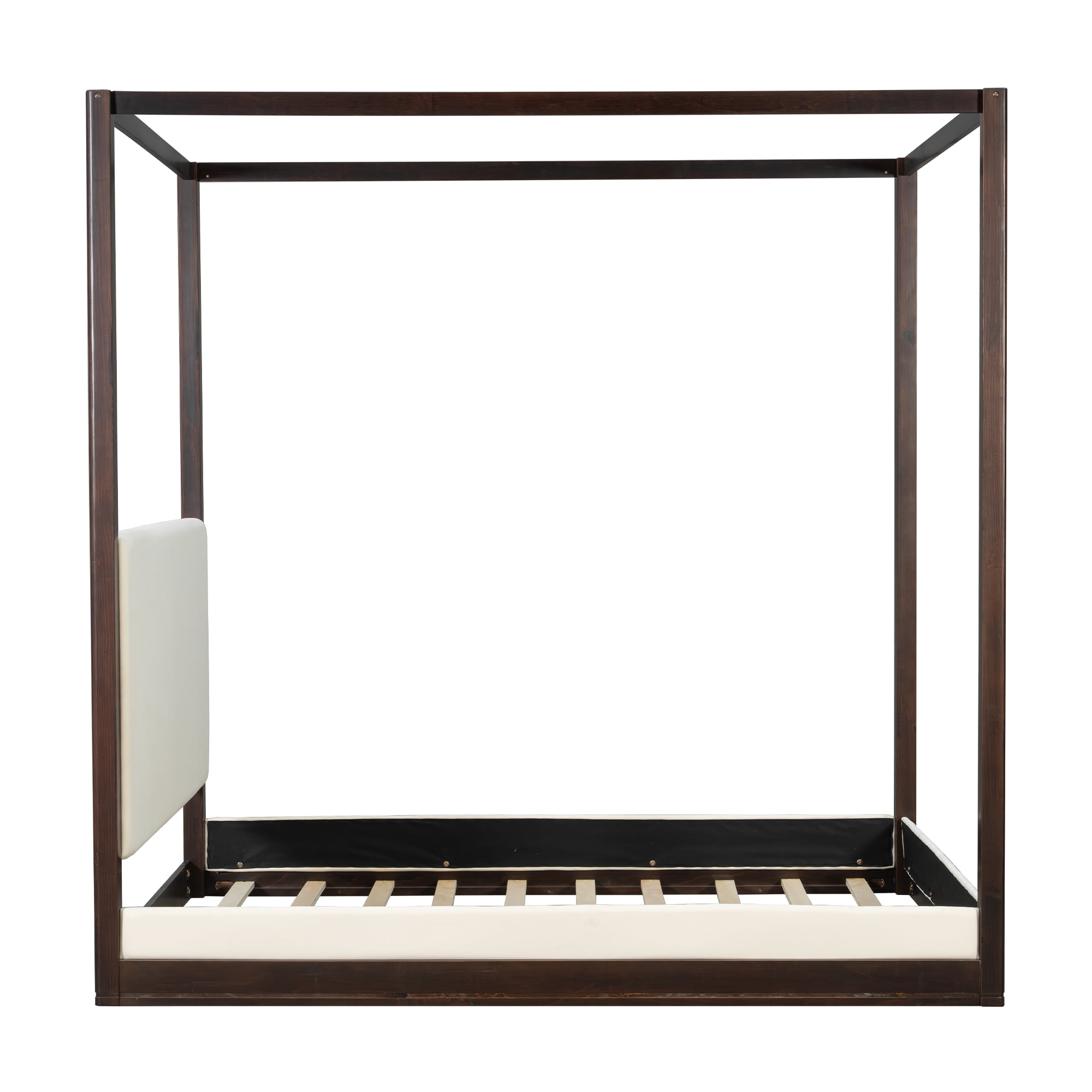 Euroco Wood Queen Size Canopy Bed with Upholstery Headboard, Espresso