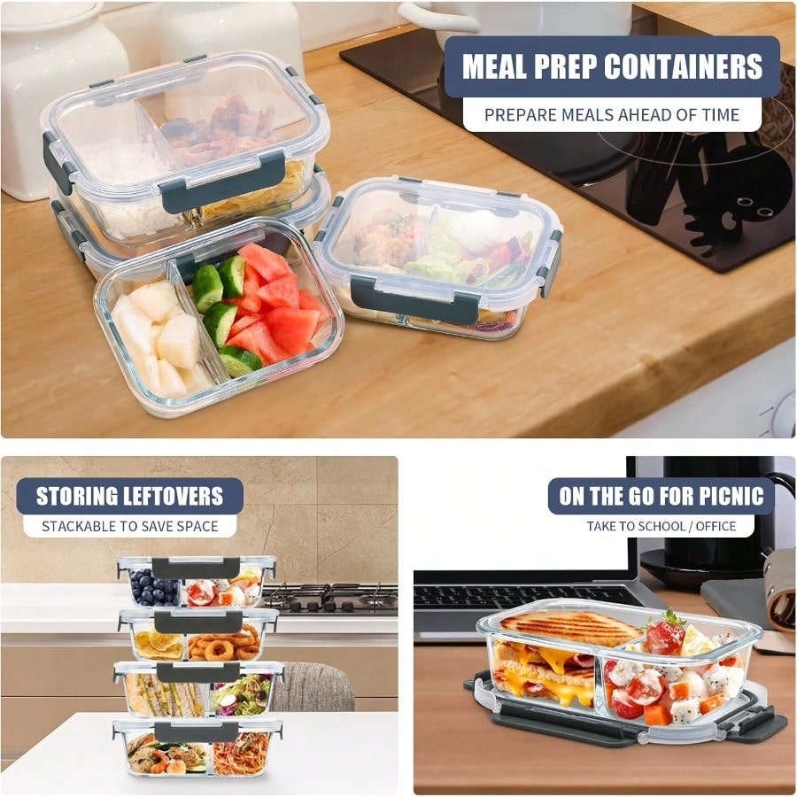 2 3 Compartment Meal Prep Containers Glass Food Storage Lunch Containers with Lids Bento Box Portion Control Freezer to Microwave Safe