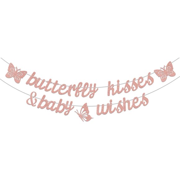 Butterfly Kisses & Baby Wishes Banner, Butterfly Themed Baby Girl 1st Birthday Party Supplies, Rose Gold, 5" x 3"