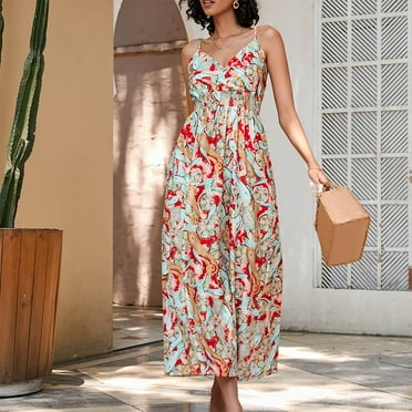 Women Summer Boho Beach V Neck Print Sleeveless Long Dress - Walmart.com