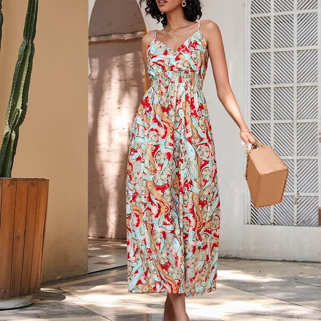 FcBaudy Robe Sans Manches à Col en V, Robes d'Été pour Femmes, Robes de Mode pour Femmes Été Imprimé Sans Manches à Col en V Dos Nu Robe Décontractée Robe pour Femmes