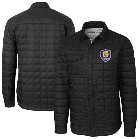 Men's-Cutter & Buck  Black Orlando City SC Big & Tall Rainier PrimaLoft Eco Insulated Full-Snap Quilted Shirt Jacket