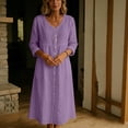 thumbnail image 3 of Ohufall Women Dresses Cotton Linen Button Crew Neck Long Sleeve Dress Pleated Loose Comfort Casual Maxi Dress, 3 of 6