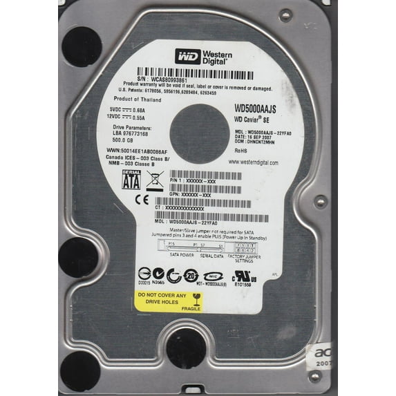 WD5000AAJS-22YFA0, DCM DHNCNT2MHN, Western Digital 500GB SATA 3.5 Hard Drive
