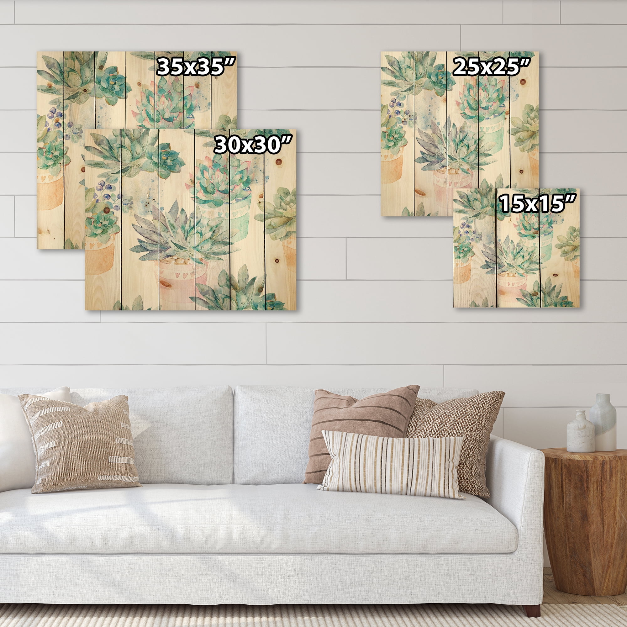 Designart 'Pastel Toned Succulent Housplants in Flowerpots' Traditional Print on Natural Pine Wood
