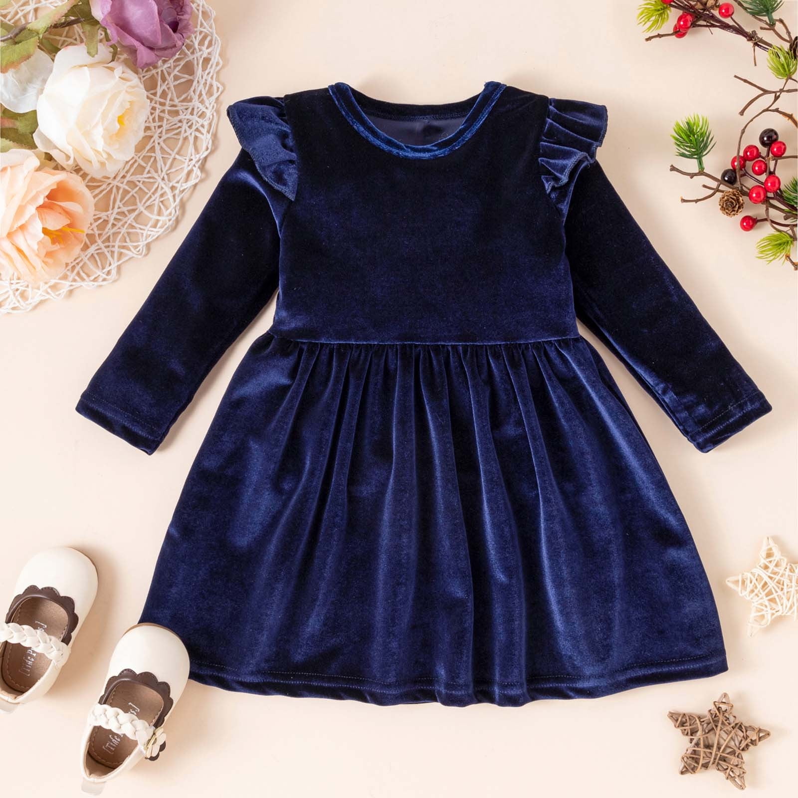 Toddler Baby Girls Velvet Dress Ruffle Long Sleeve A-line Casual Princess  Party Dresses Playwear Fall Winter