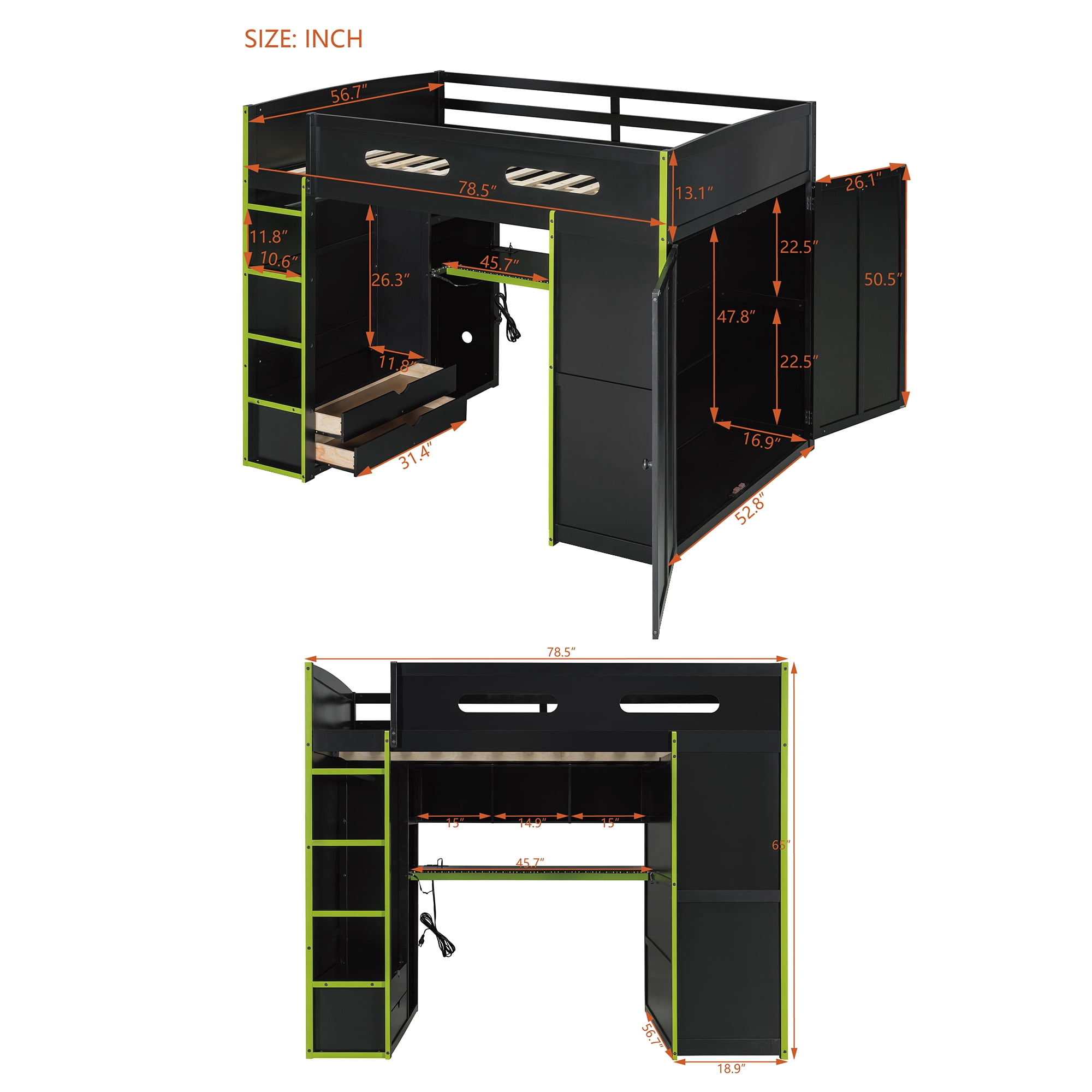 Aukfa Full Size Gaming Loft Bed, Esports Bed Frame with Desk, Wardrobe, RGB LED Lights & Charging Station, Shelves, Green