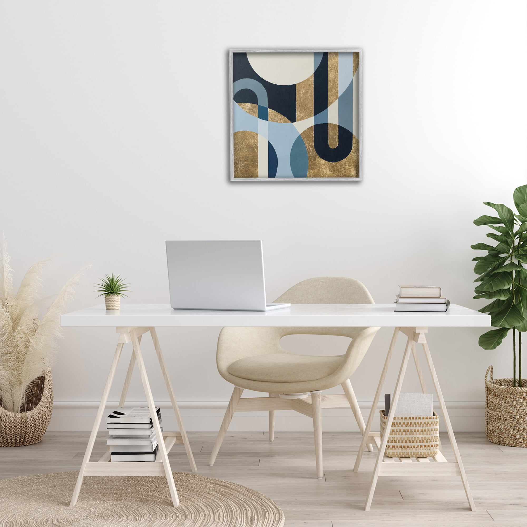 Stupell Industries Gold & Blue Circular Shapes Abstract Painting Gray Framed Art Print Wall Art, 24 x 24