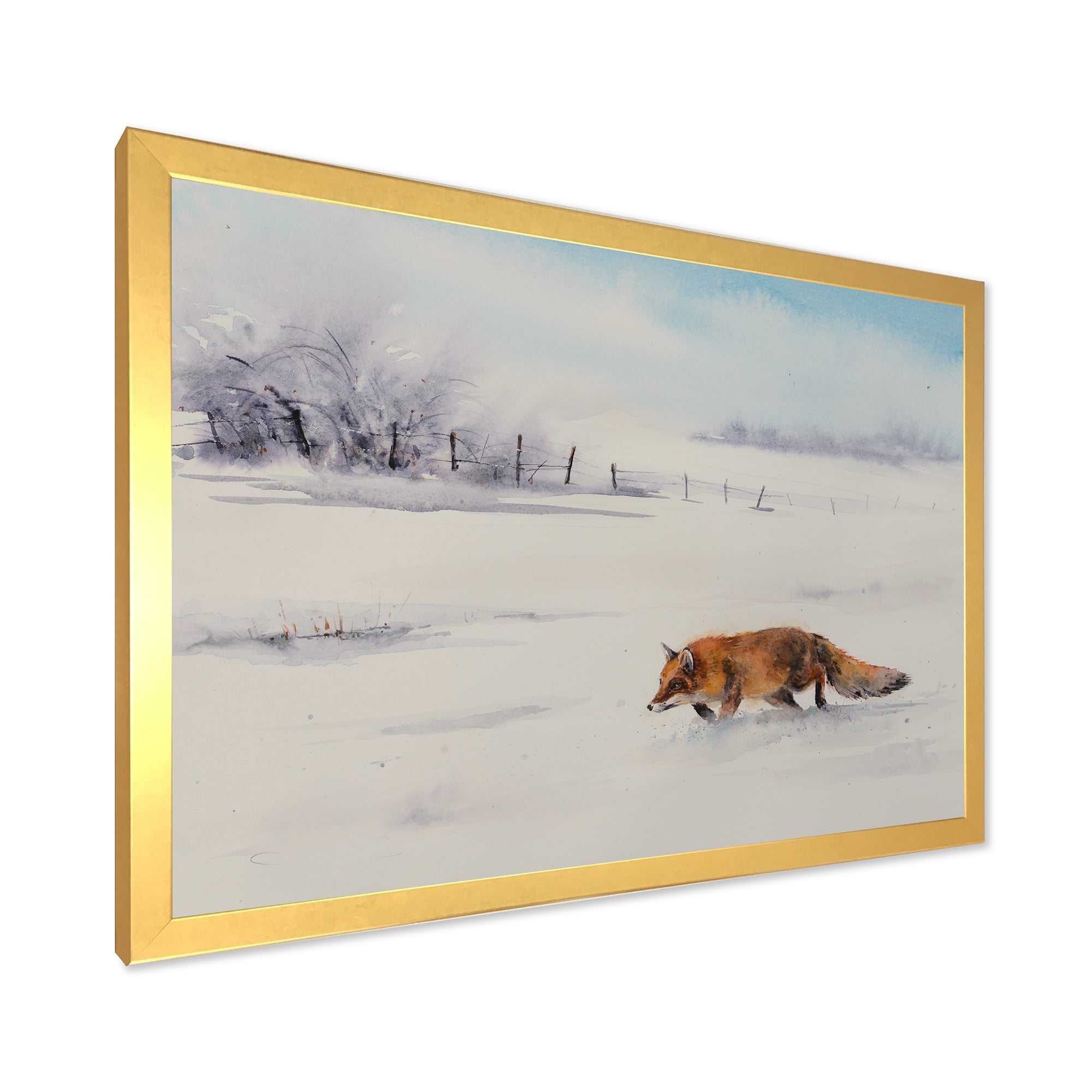 Designart 'Red Fox Running In White Snow in Countryside I' Farmhouse Framed Art Print