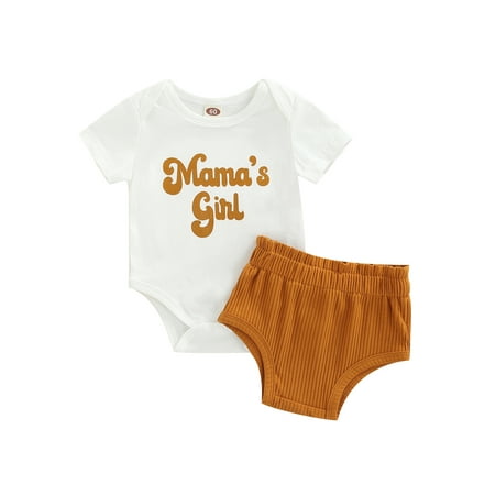 

Newborn Baby Girls Boys Outfits Letter Print Short Sleeve Bodysuit + Ribbed Solid Color Shorts