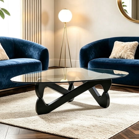 Modern Triangle Coffee Table, 32.3" Tempered Glass Top with Wood Base, Center Table for Living Room, Small Spaces