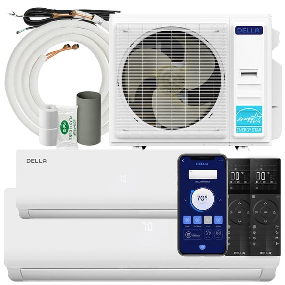 DELLA 35K BTU ODU 2 Dual Zone 12000 18000 BTU Wifi Mini Split AC & Heat Pump Work with Alexa, 19 SEER2 208-230V Cools Up to 1550 Sq.Ft, Ductless Pre-Charged Inverter System, 16ft Installation Kits