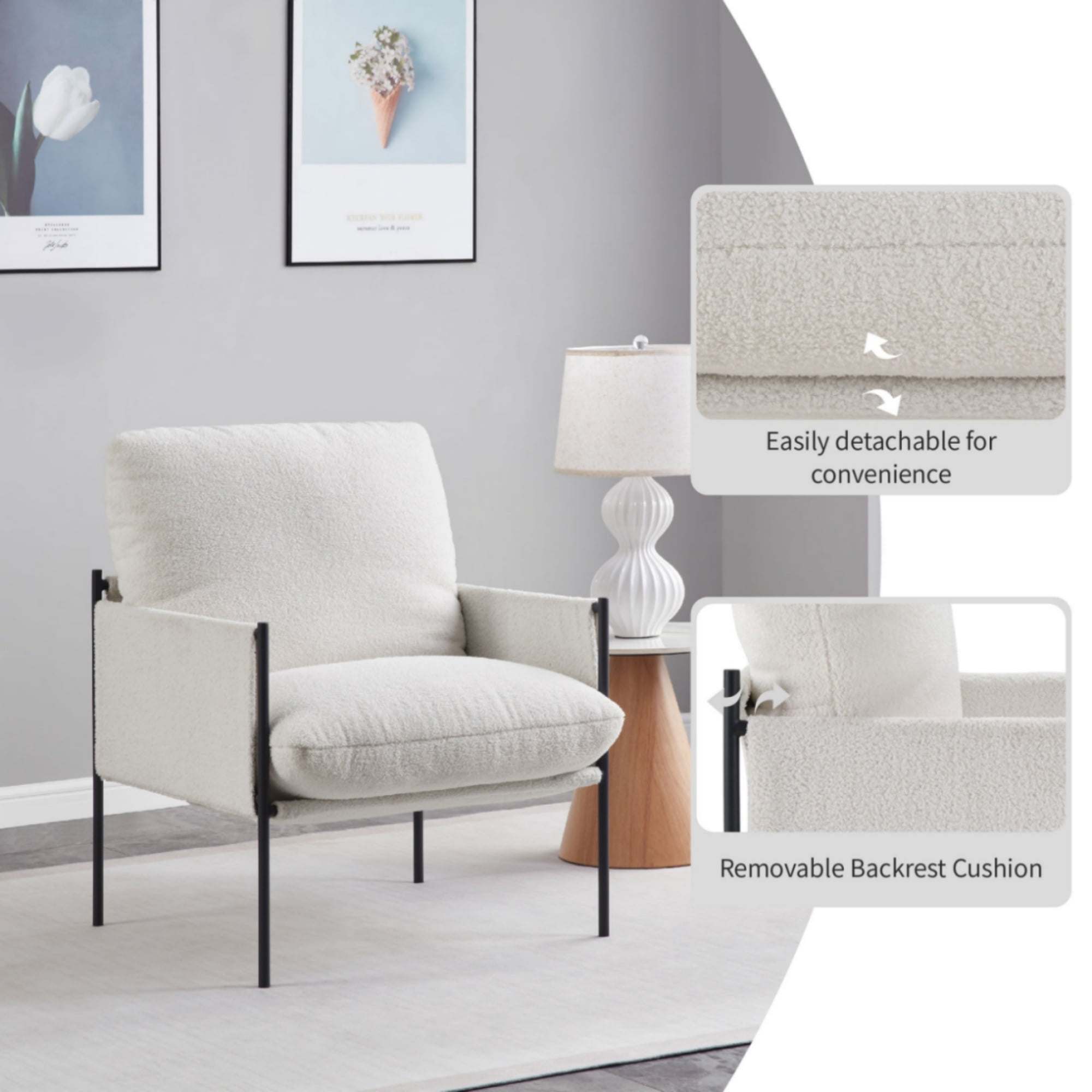 GARITIN Modern Accent Chair with Removable Cushion and Wood Armrests, Comfy Vanity Lounge Reading Chair with Metal Frame, Ergonomic Seating for Living Room Bedroom, White