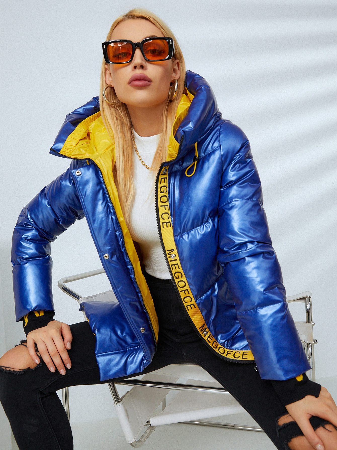 graphic hooded puffer coat