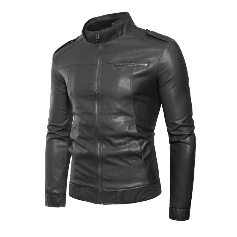 Men's Leather Jacket Black Zipper Stand Collar Slim fit Motorcycle jacket 2019 Autumn Wintter New Jacket Coat - image 3 of 5