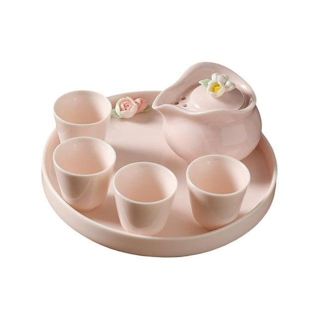 Juego de tetera de cerámica para niñas, incluye 1 tetera, 4 tazas y bandeja para servir bebidas frías y calientes Decoración de flores Durable Estilo A perfecl Tetera