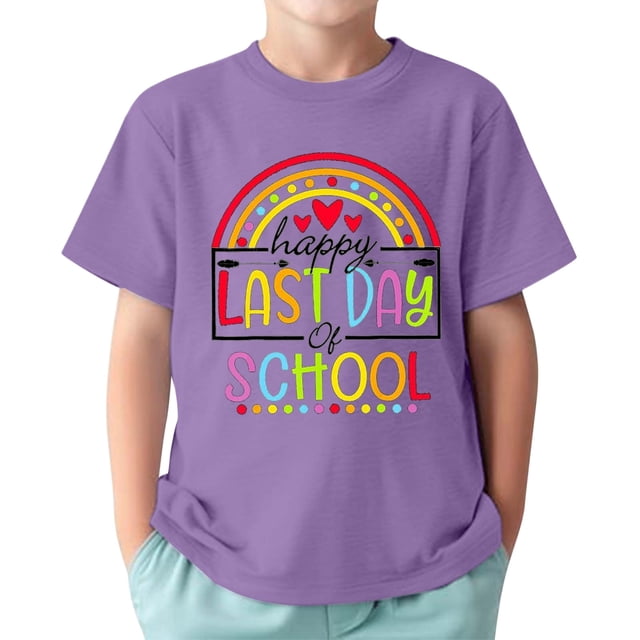 TAIAOJING T-Shirts Garçon Accrocheurs Lettre Imprimée Dessin Animé Manches Courtes Col Rond T-Shirts Décontractés Dernier Jour d'École pour Bébé à Adolescent Enfants Combinaison Durable Vêtements