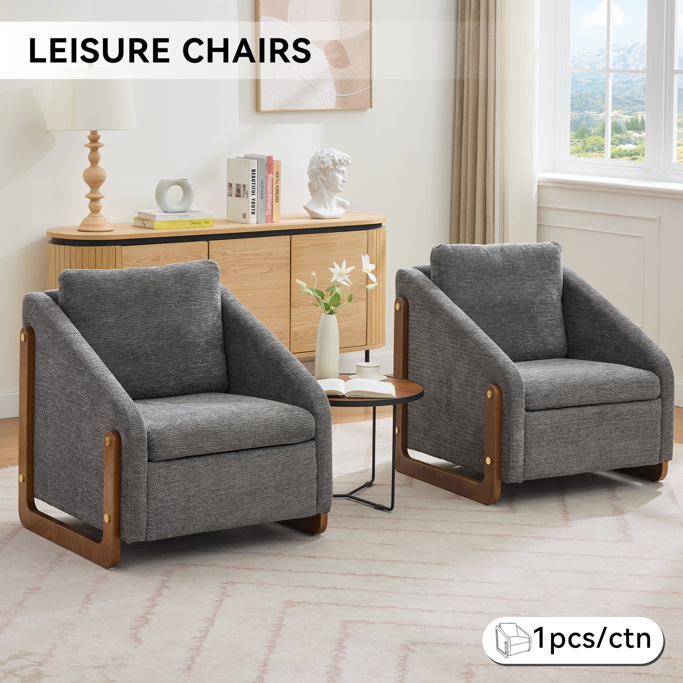 Noble House Brynn Chenille Modern Upholstered Armchair, Wood Accent Chair with Cushioned Seat and Backrest, Gray