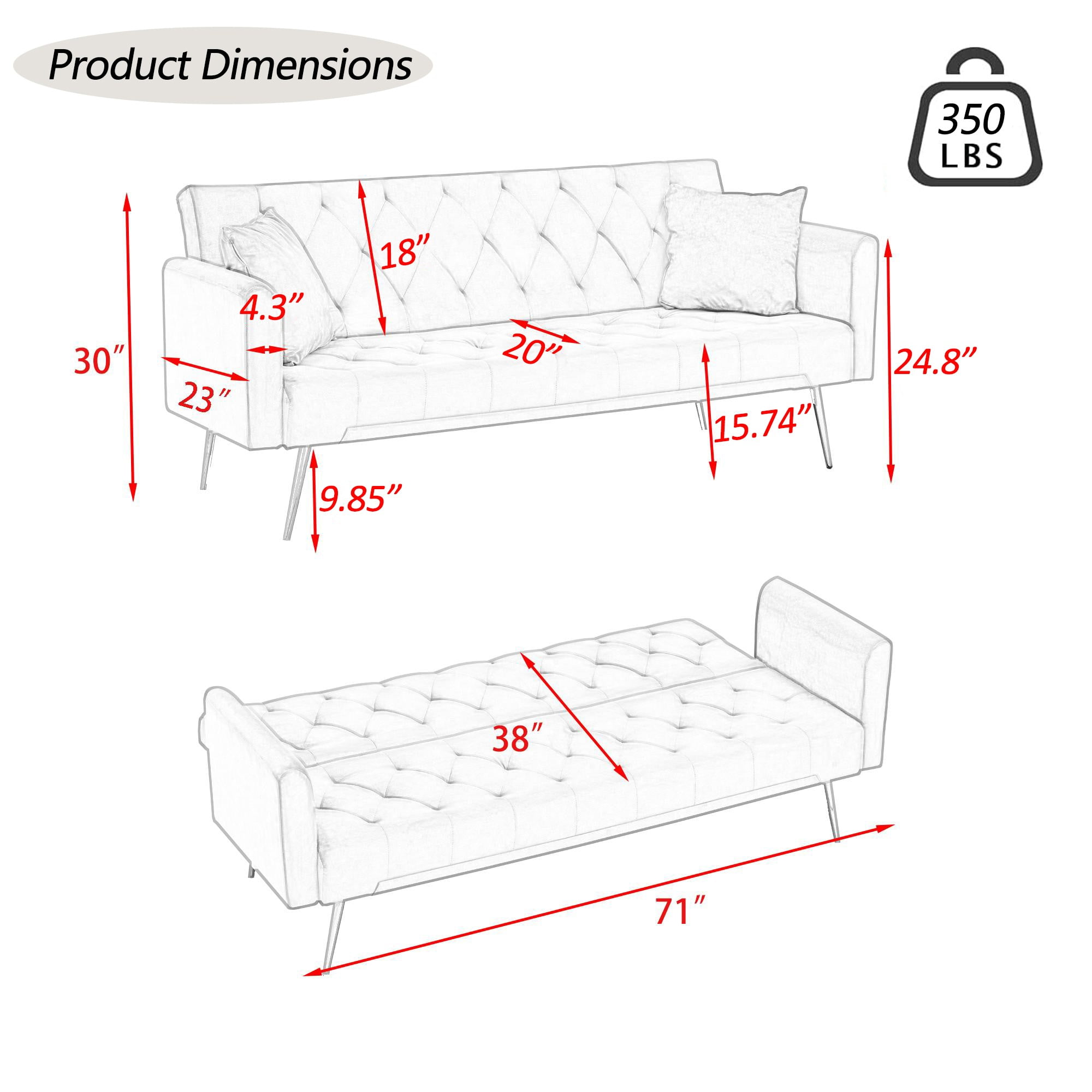 Jopath Velvet Futon Sofa Bed,Convertible Sleeper Couchwith Adjustable Backres & 2 Pillows for Small Spaces,Living Room,Beige02
