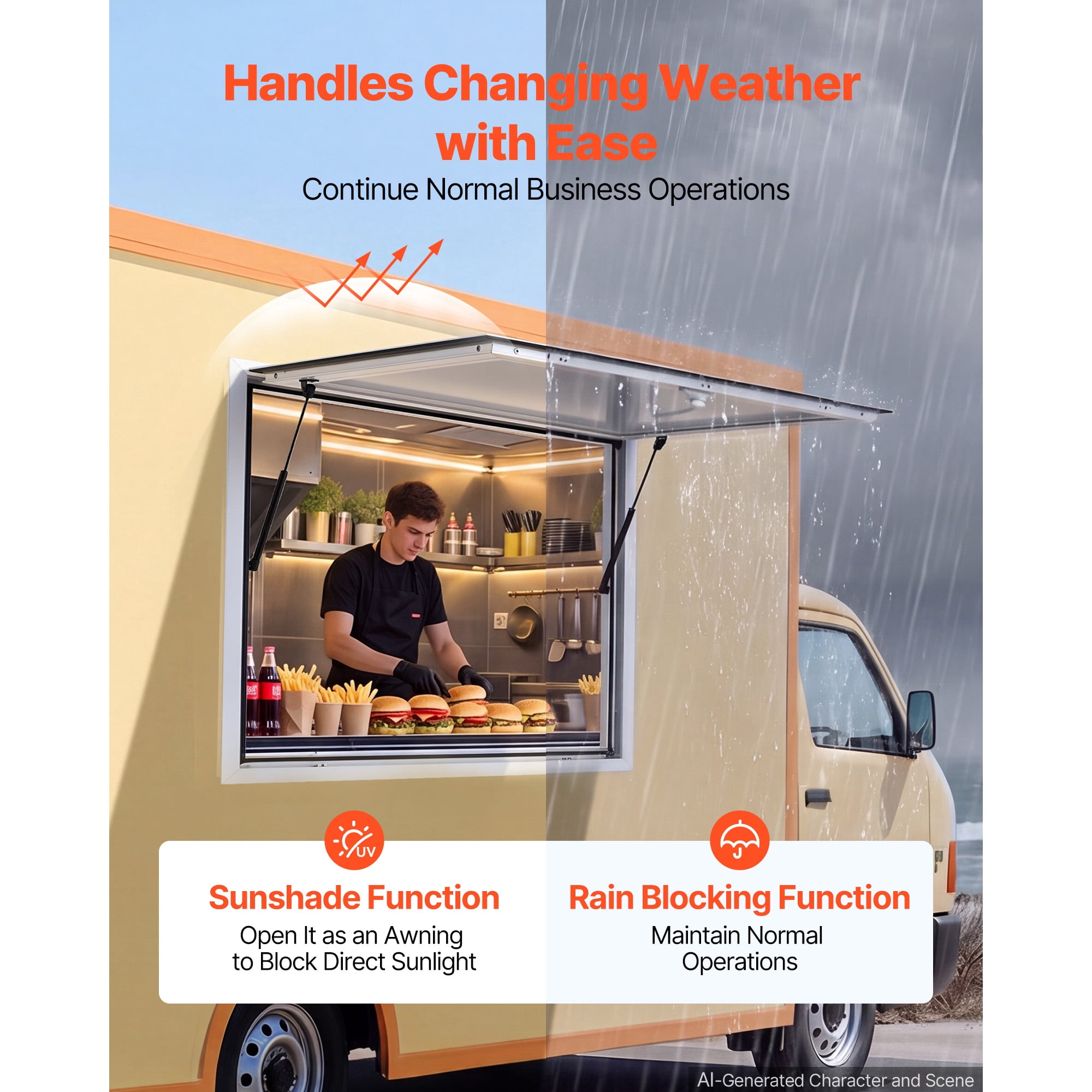 KFFKFF Concession Window 36x36 in Aluminum Alloy Frame Service Window, Designed for Food Trucks, Features Awning Door with Drag Hook, Opens Up to 85 Degrees, and Rainwater-Resistant for Trailers