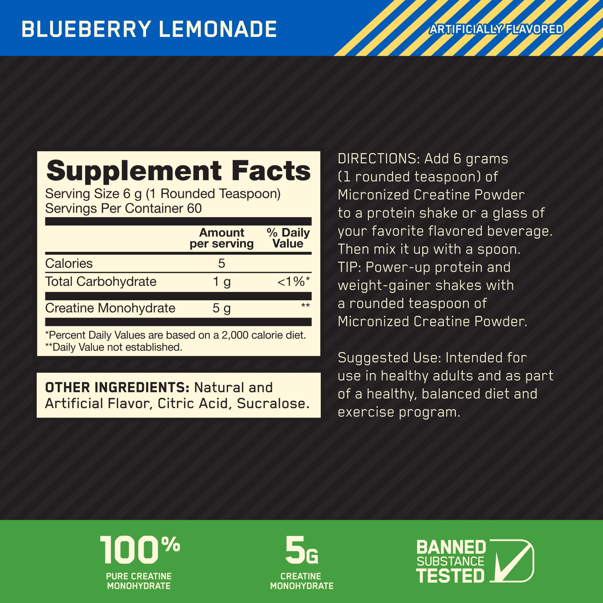 Optimum Nutrition Blueberry Lemonade Micronized Creatine Powder, 60 Servings