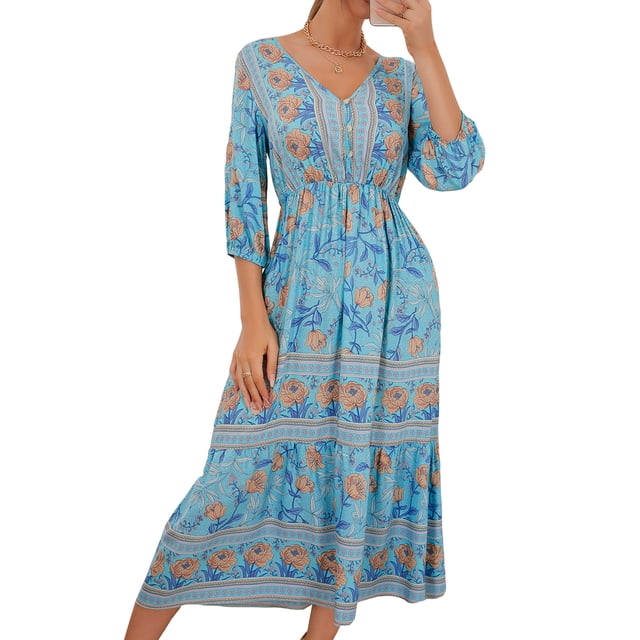 VISgogo Vestido bohemio casual para mujer, vestido midi con cuello en V y estampado floral de vacaciones VISgogo moda