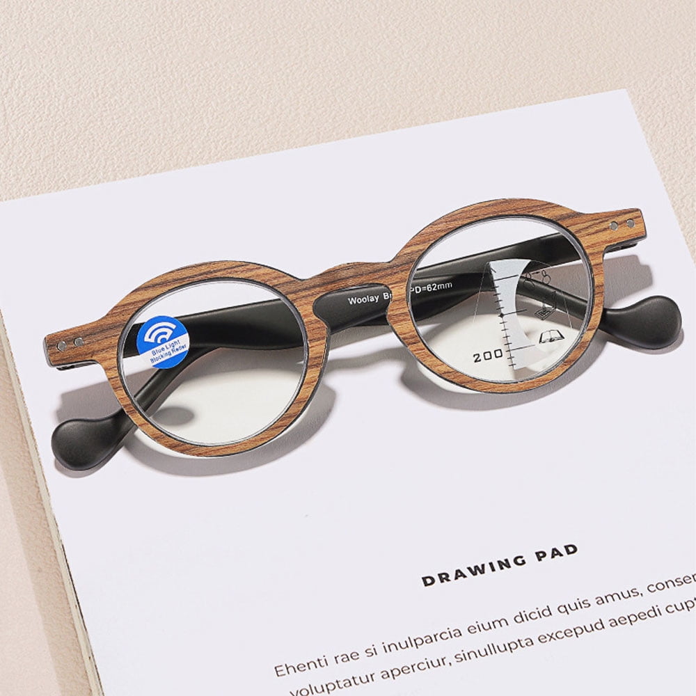 2 Pairs of Retro Brown Wood Grain Progressive Multi-focus Reading Glasses 1.00 Round Anti-blue Light Spring Hinges Readers +1.00 Strength