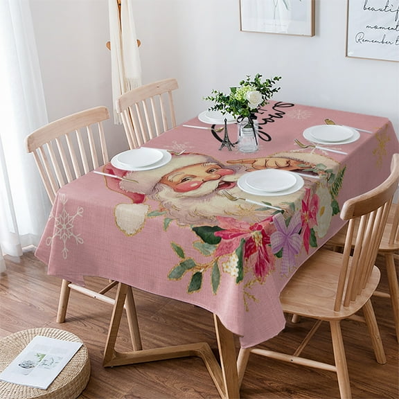 Pink Christmas Tablecloth Rectangle Table Cloth 52x70 , Waterproof Tablecloth Outdoor Table Cloth, Santa Winter Snowflake Botanical Rustic Washable Table Cover for Kitchen Dining Party
