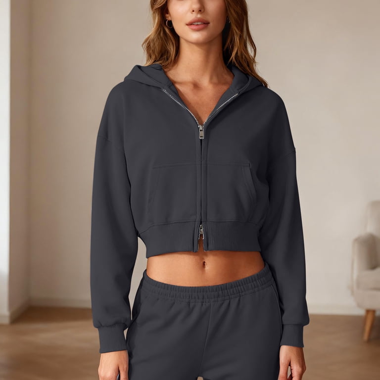 UQJfacai Zip Up Hoodie Women Cropped Casual Sweatshirts Workout
