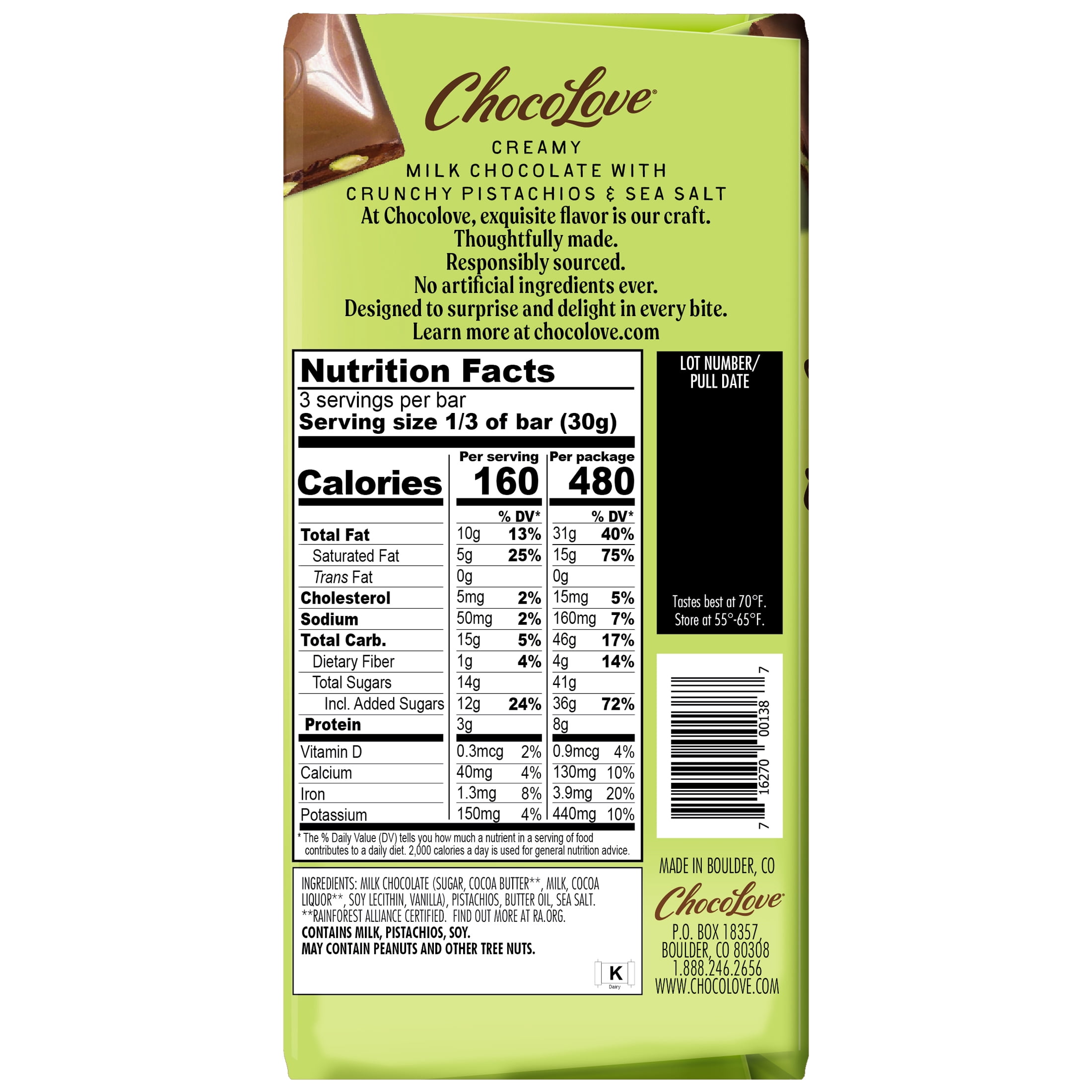 Chocolove Milk Chocolate Bar with Pistachios & Sea Salt 3.2oz