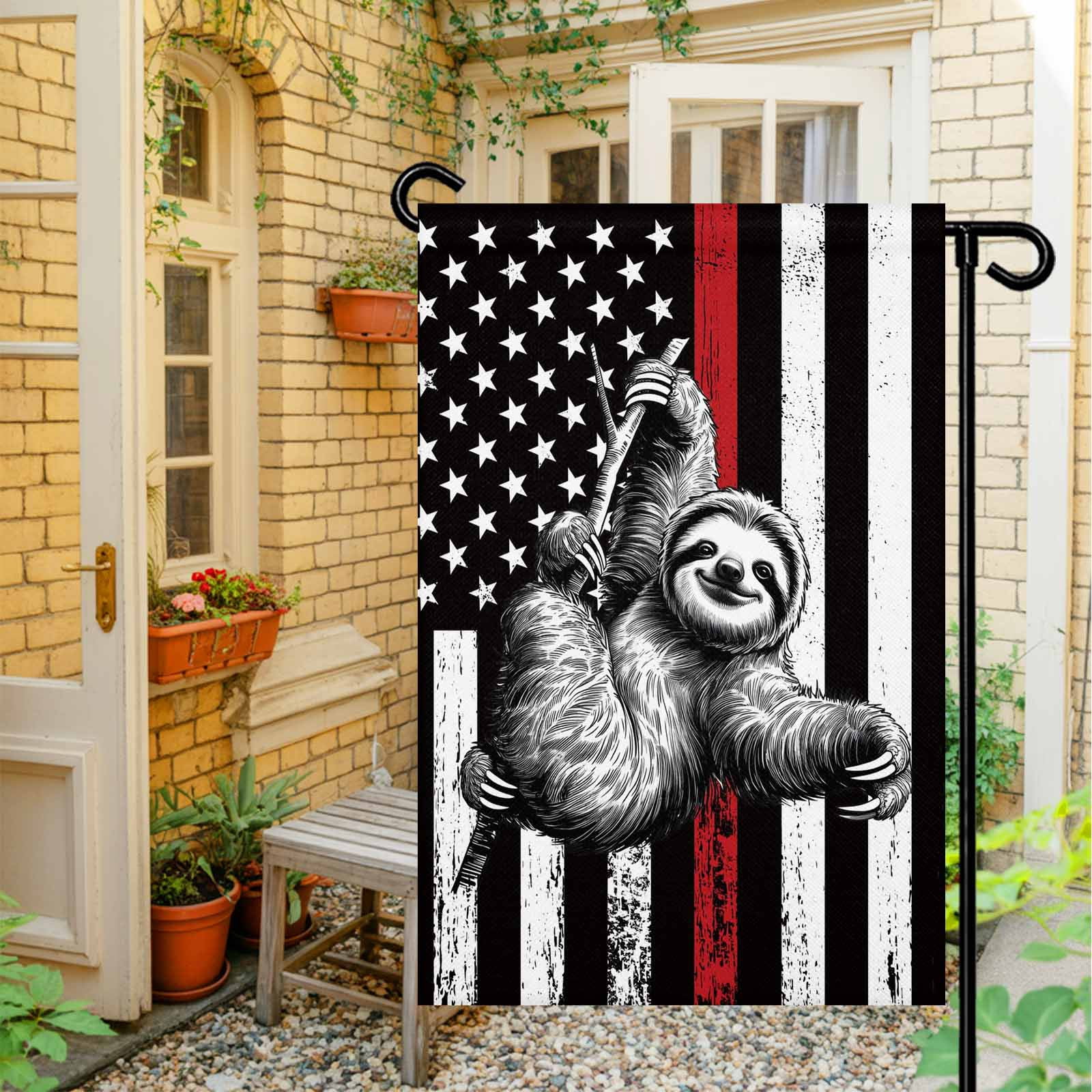 4th of July Garden Flags American Flag Sloth Garden Flag Double Sided Welcome Flag USA Flag Red Stripes Independence Day Yard Flags for Outdoor Lawn Porch Memorial Day Holiday Decor 28x40 Inch