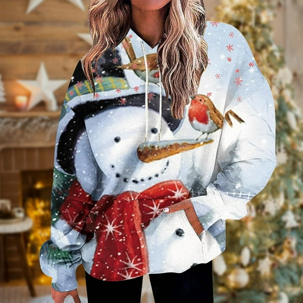 zanvin Women s Hoodie Dress Christmas Casual Fashion Print Long Sleeve Pullover Hoodies Sweatshirts Clearance Sale Light Blue M