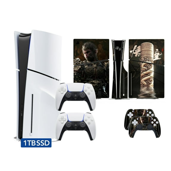 PlayStation 5 Slim Disc Version PS5 Gaming Console, AMD Ryzen Zen 8 Cores CPU 1TB PCIe Gen 4 NVNe SSD with 2 Wireless Controller, Customized Full Body Skins - Wukong Ruyi Jingu Bang - PS5 Disc Slim