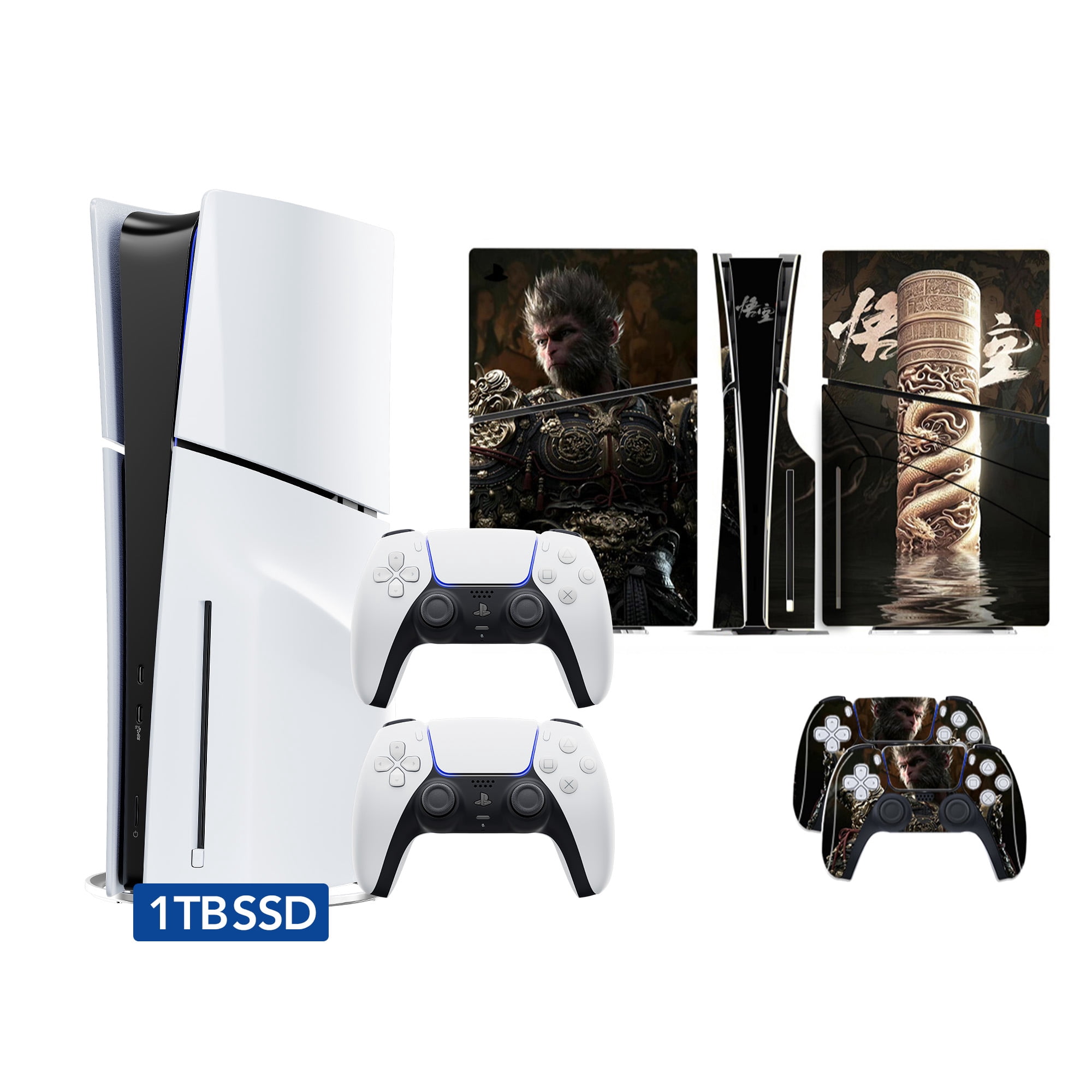 PlayStation 5 Slim Disc Version PS5 Gaming Console, AMD Ryzen Zen 8 Cores CPU 1TB PCIe Gen 4 NVNe SSD with 2 Wireless Controller, Customized Full Body Skins - Wukong Ruyi Jingu Bang - PS5 Disc Slim