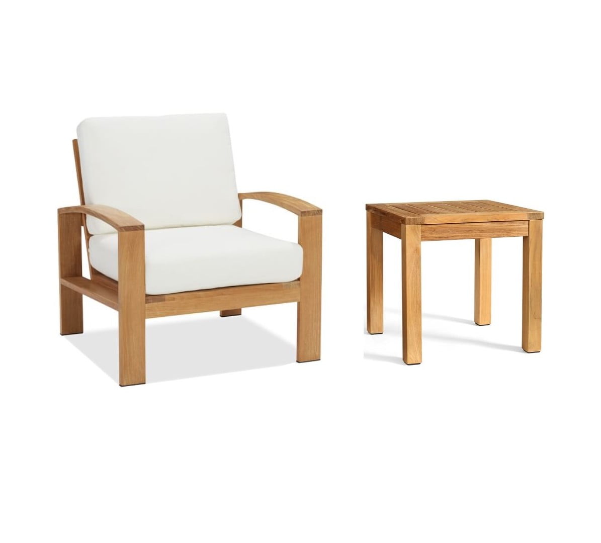 Natural Teak Patio Chair and Side Table with White Sunbrella Cushions